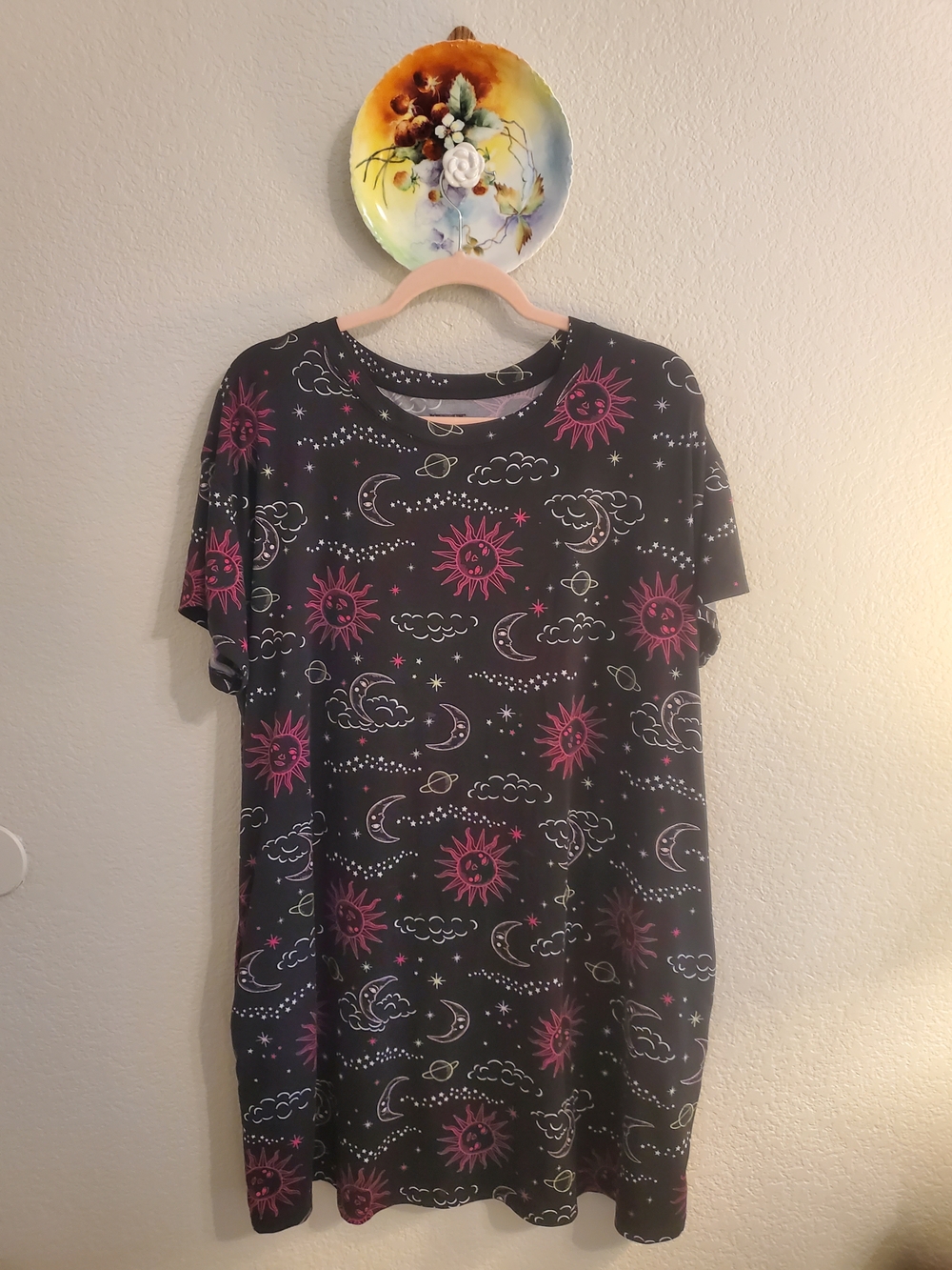 Joyspun Women's Black Nightshirt with Pink Sun & Celestial Print